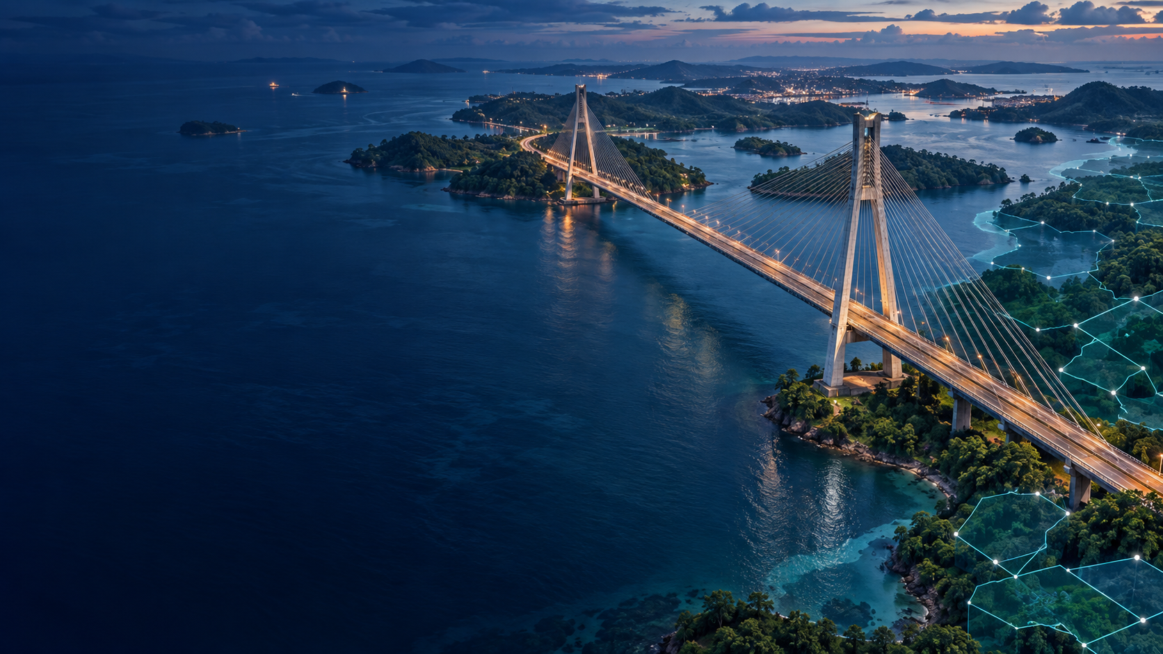 Ilustrasi jembatan dan kepulauan Batam dengan visual geospasial